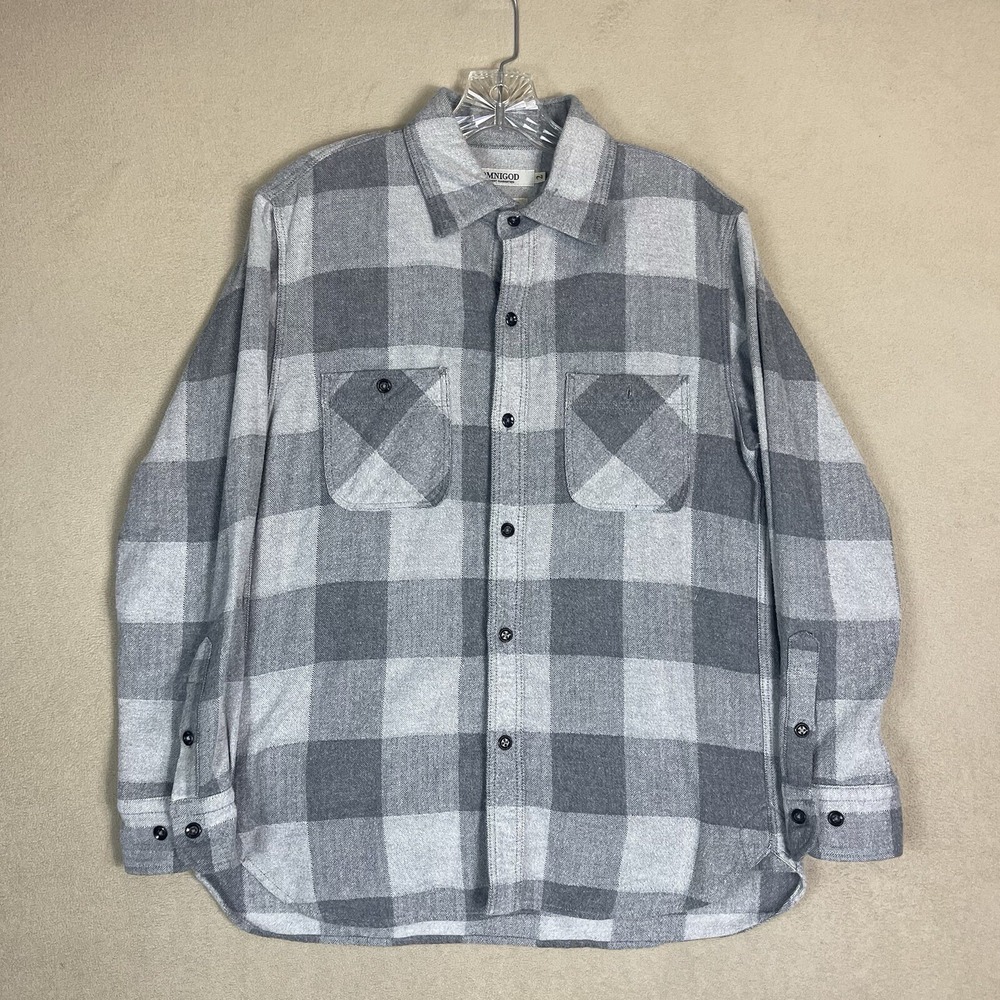 Omnigod Flannel Shirt Mens 2 M Grey White Plaid Cotton Made in Japan 56-205T